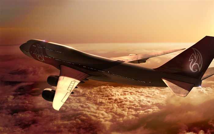 Boeing 747 avión, nubes, sol Fondos de pantalla, imagen
