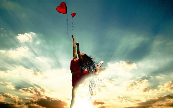 Bailarina, falda roja, corazón de amor, nubes, rayos de sol. Fondos de pantalla, imagen