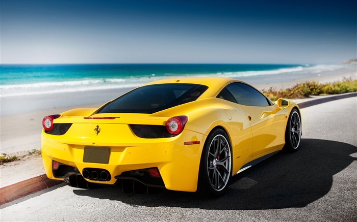Ferrari amarillo coche, mar, playa Fondos de pantalla, imagen