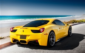 Ferrari amarillo coche, mar, playa HD fondos de pantalla