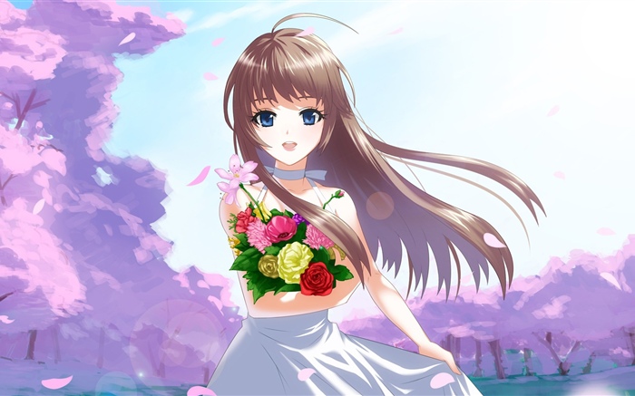Chica anime feliz, flores, viento Fondos de pantalla, imagen