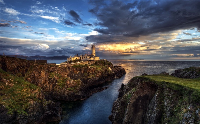 Irlanda, faro, mar, rocas, puesta de sol Fondos de pantalla, imagen