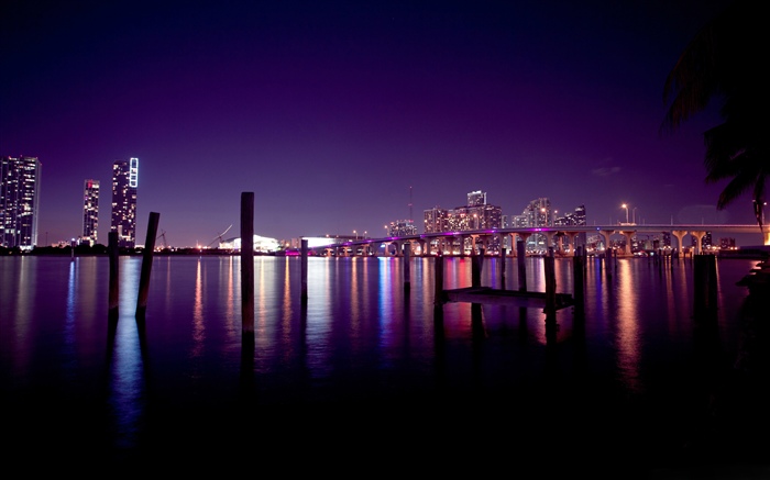 Miami, ciudad, noche, río, rascacielos, luces, noche, Estados Unidos Fondos de pantalla, imagen