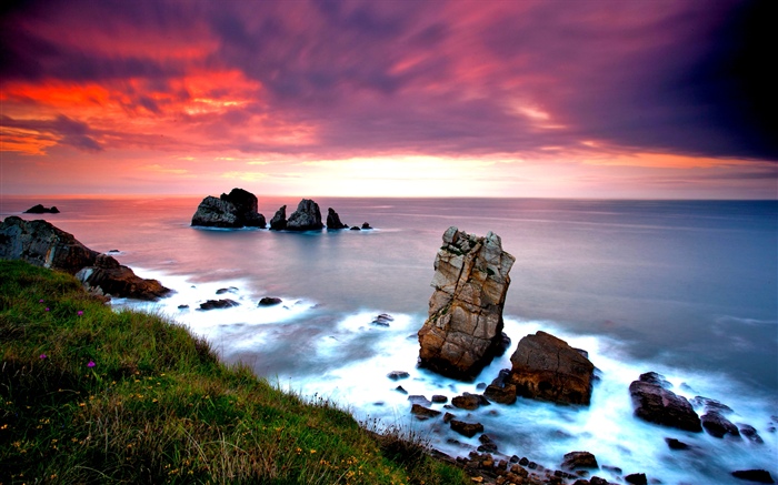Naturaleza paisaje, mar, rocas, puesta de sol. Fondos de pantalla, imagen