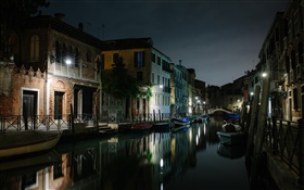 Venecia, Italia, río, casas, puente, noche
