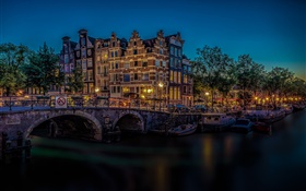 Amsterdam, Países Bajos, puentes, río, luces, noche HD fondos de pantalla