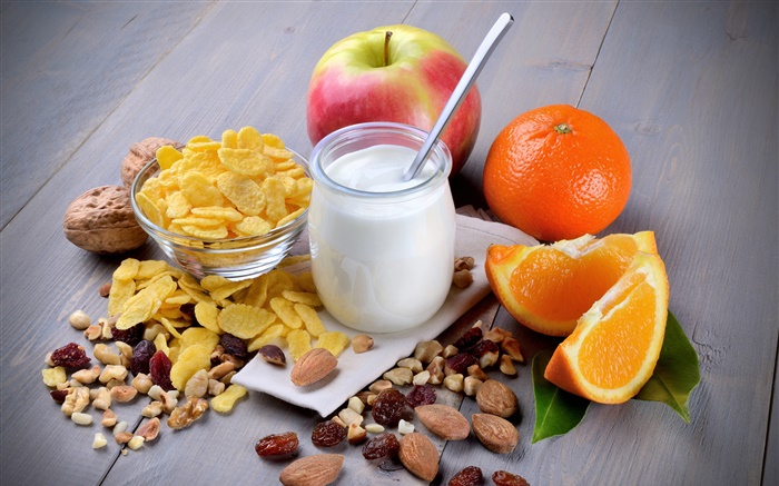 Desayuno, leche, manzana, naranja, nueces Fondos de pantalla, imagen