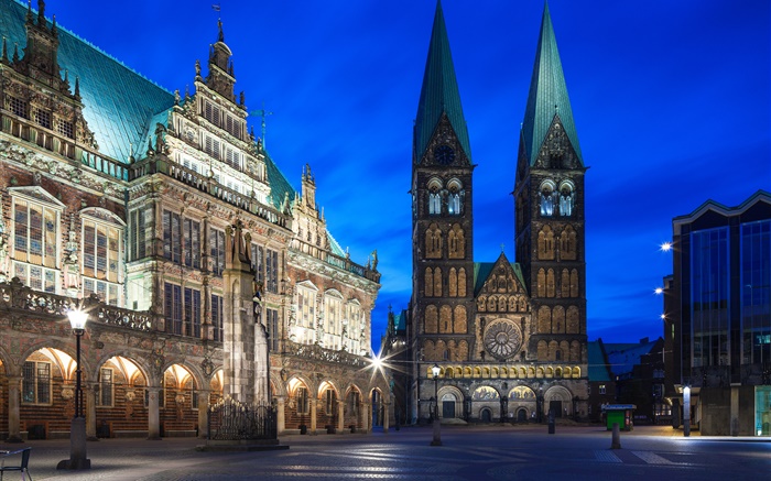 Alemania, Bremen, Ciudad, Noche, Luces Fondos de pantalla, imagen