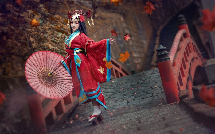 Vestido rojo chica japonesa, kimono, pose Fondos de pantalla, imagen