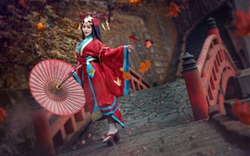 Vestido rojo chica japonesa, kimono, pose HD fondos de pantalla