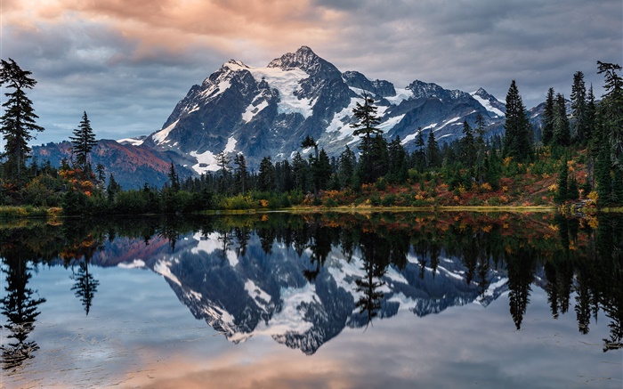 EE. UU., Monte Shuksan, lago, árboles, reflexión del agua Fondos de pantalla, imagen