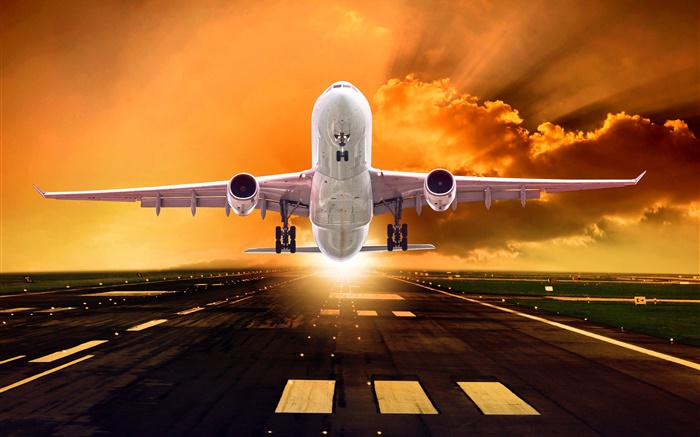 avión, despegue, alas, vista delantera, nubes, salida del sol Fondos de pantalla, imagen