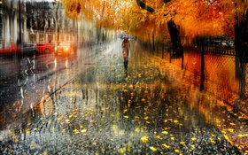 Otoño, ciudad, lluvia, árboles, niña, camino, autos. HD fondos de pantalla