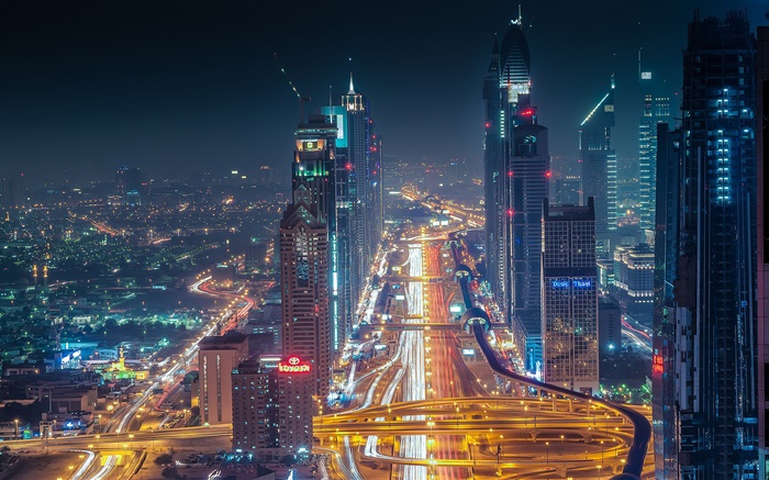 Dubai, rascacielos, carreteras, luces, noche. Fondos de pantalla, imagen