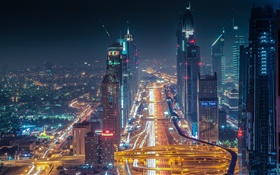 Dubai, rascacielos, carreteras, luces, noche.