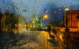 San Petersburgo, vidrio, gotas de agua, lluvia, noche, ciudad